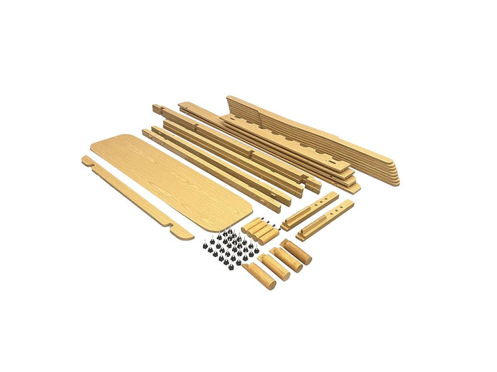 AVONEST bed frame flat-pack parts for tool-free assembly in four slim boxes