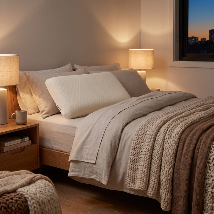 AVONEST dual-sided memory foam pillow in a warm, cosy bedroom